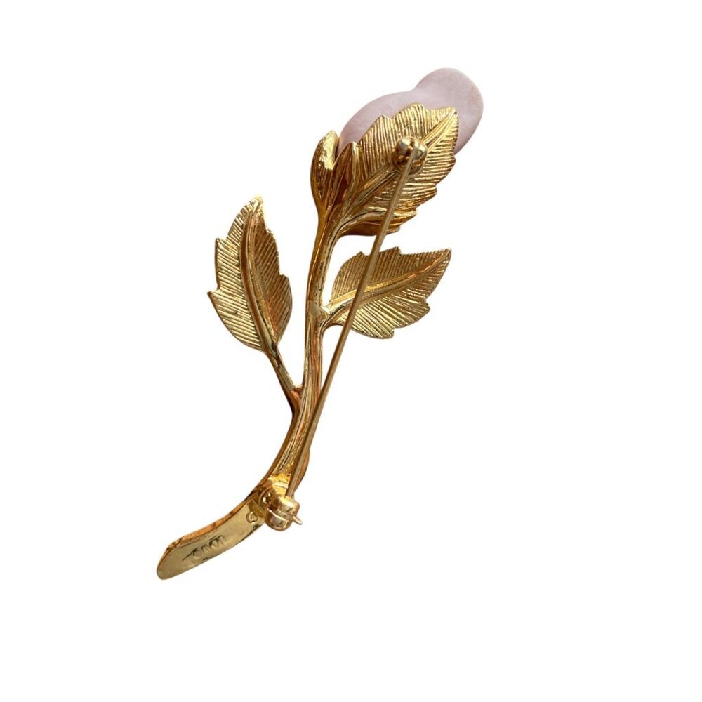 Vintage Avon Gold Tone Pink Porcelain Rose Bud on Stem Signed Pin Brooch - Picture 2 of 6